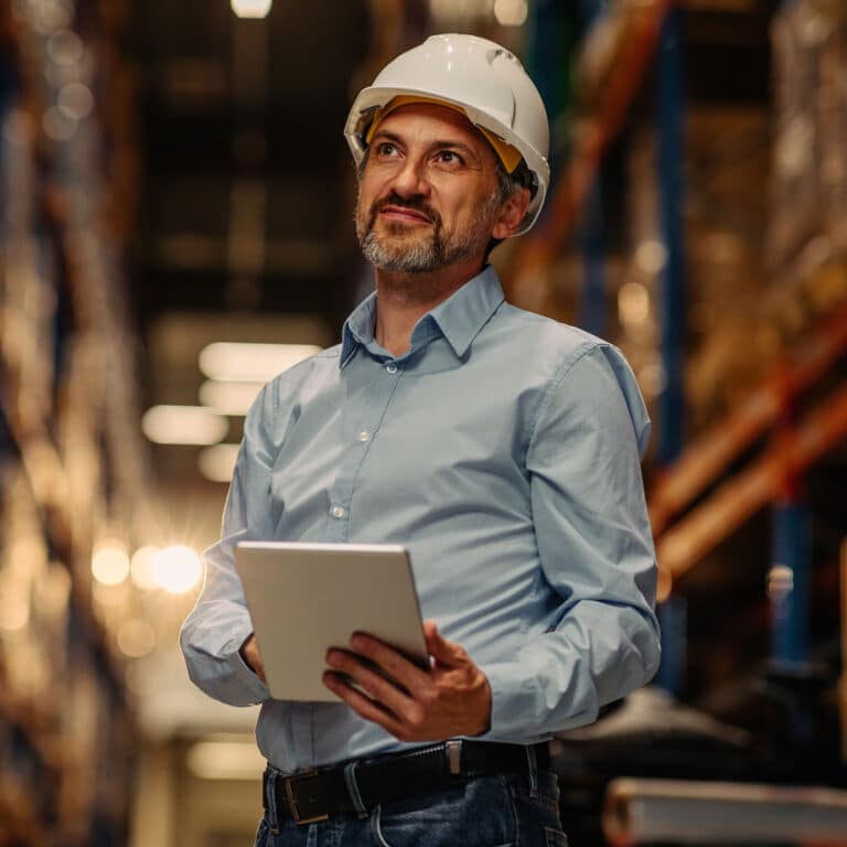 Man working in a warehouse via digital tablet