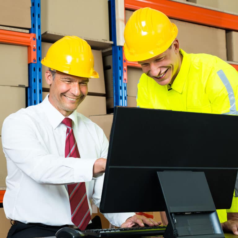 Happy Warehouse Worker And Manager Using Computer
